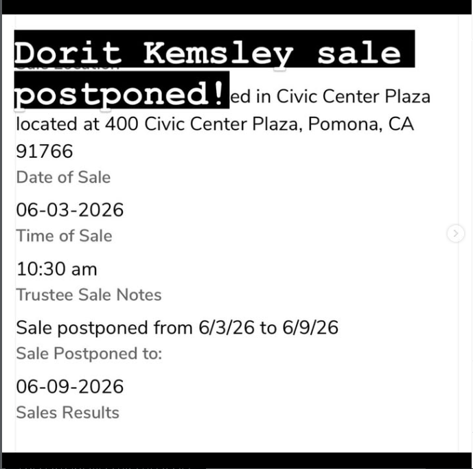 Dorit Kemsley sale postponed from June 3 to June 9 2026 trustee sale notes