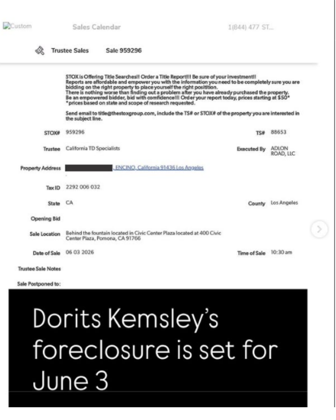 Dorit Kemsley foreclosure postponed to June 3 2026 after PK intervention