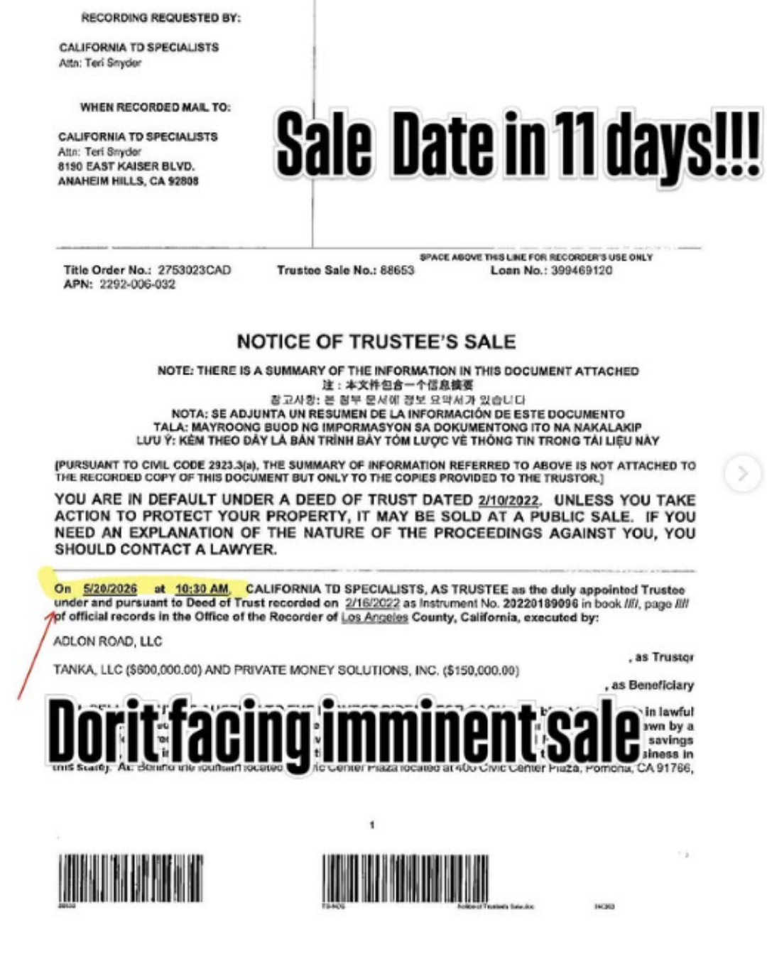 Official Trustee Sale notice for Dorit Kemsley Encino mansion May 20 2026