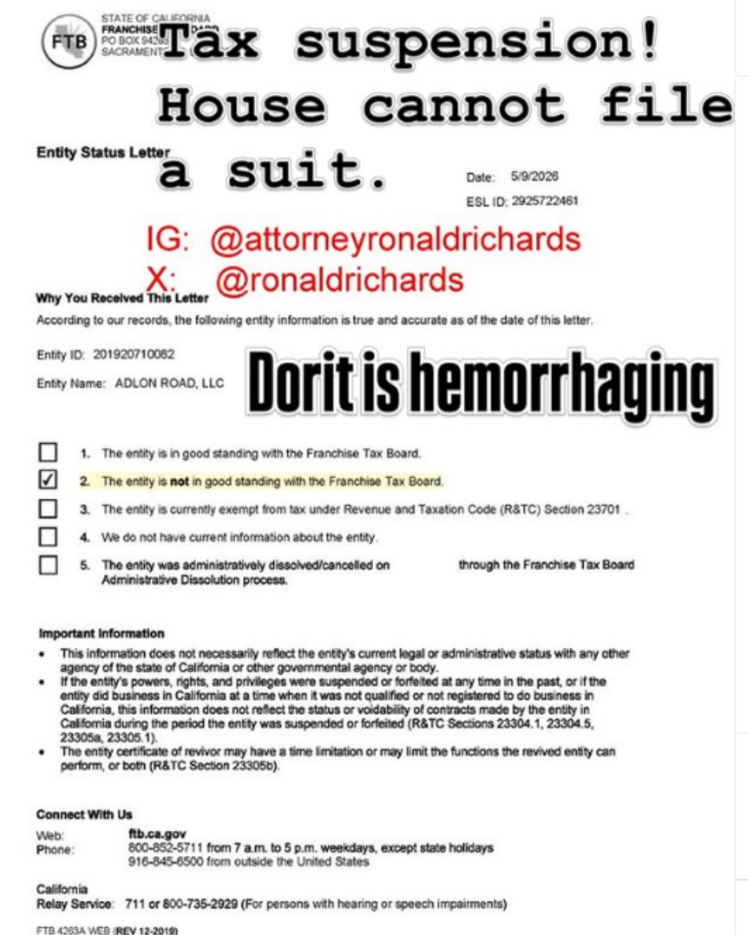 California Franchise Tax Board suspension letter for Adlon Road LLC owned by Dorit Kemsley